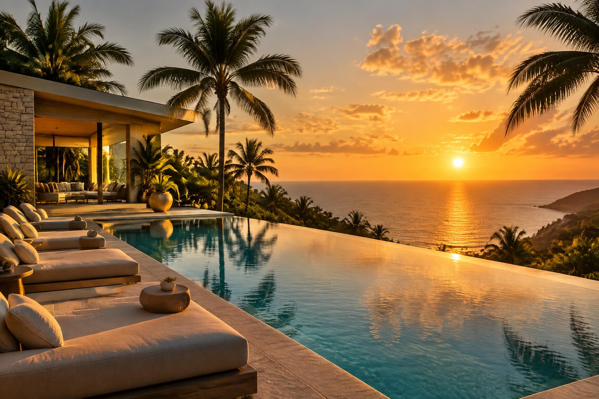 Luxury resort infinity pool at sunset